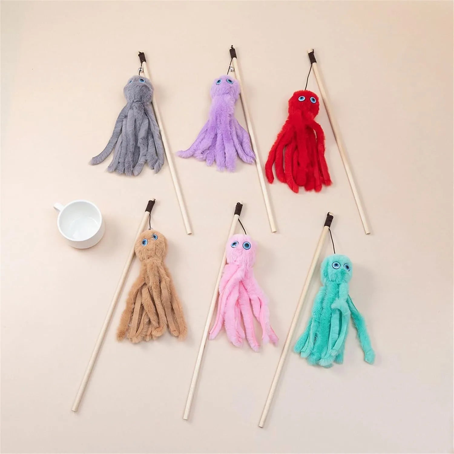 Octopus cat toy with long stick in bright colours for indoor kitten play