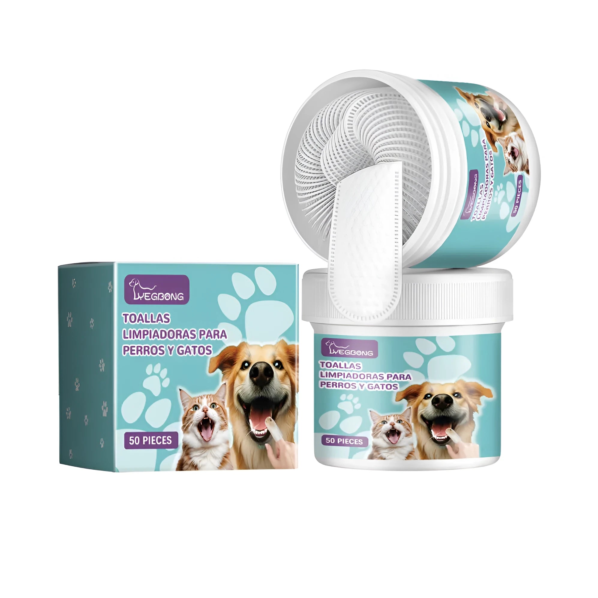 Dog cleaning finger glove for tartar removal, shown with packaging, size 7.6 by 8.8 cm.