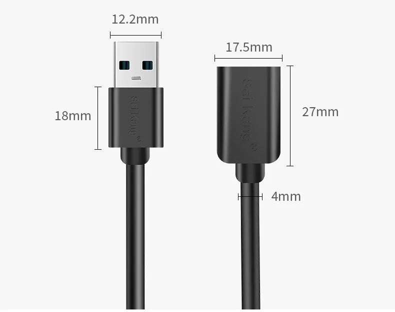 Black USB male to female extension cable with choice of USB 3.0 or USB 2.0 connector, shown in lengths from 1 to 5 metres.