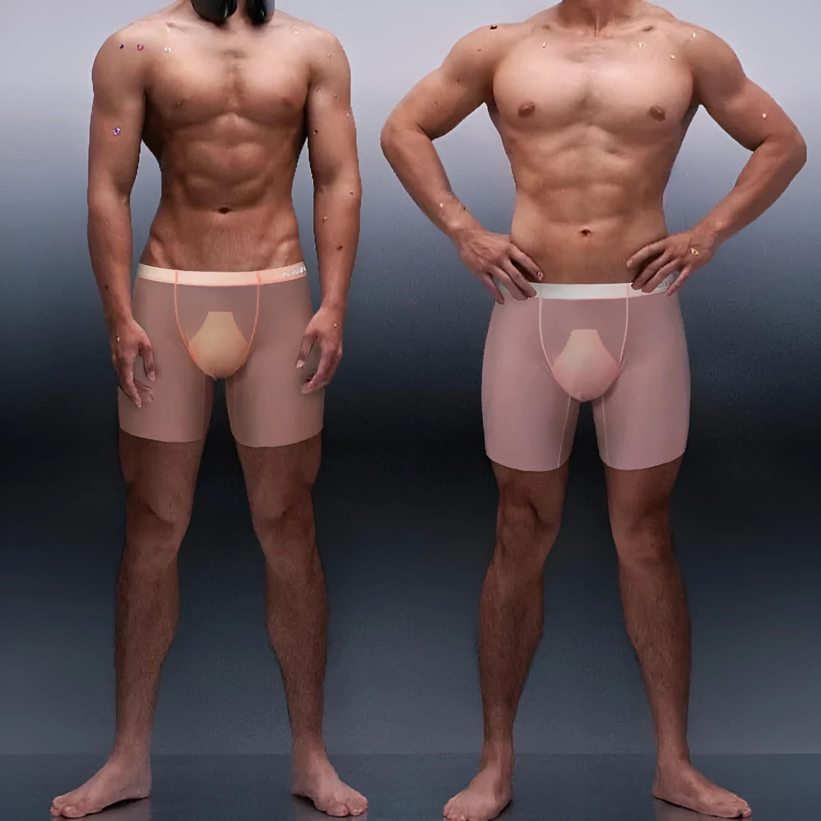 Seamless nylon sports boxer shorts for men in orange, pink, and red colours with low-waist hip-lifting design