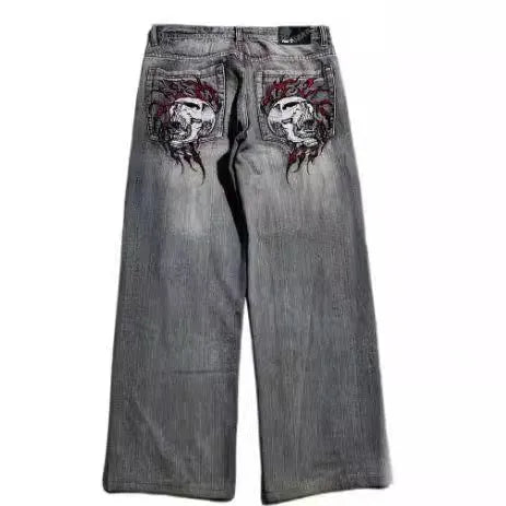 Gray washed-out men's straight-leg jeans with wide-leg design and micro-elastic polyester denim fabric