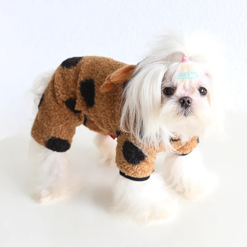 Big Polka Dot Elk Couple design pet clothing for dogs or cats in skirt and four-legged styles.