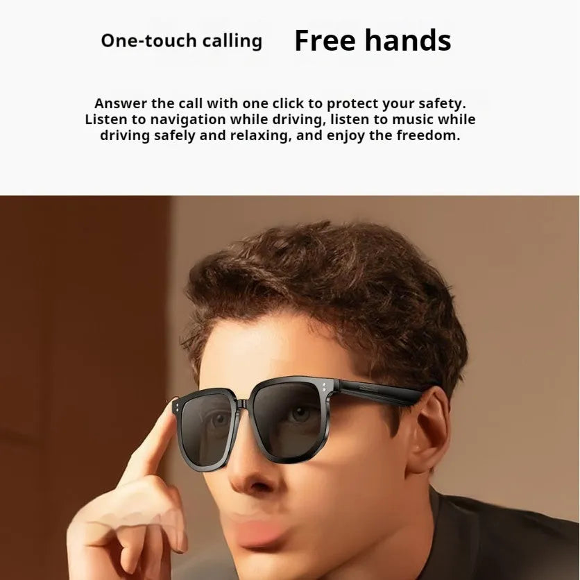 Black AI smart Bluetooth sunglasses with touch controls on the frame for audio and calls.