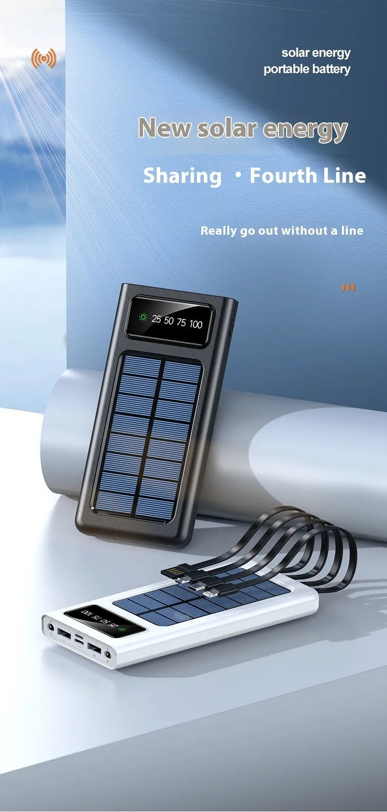 Black or white solar power bank portable charger measuring 148x71x19mm with four-wire cable