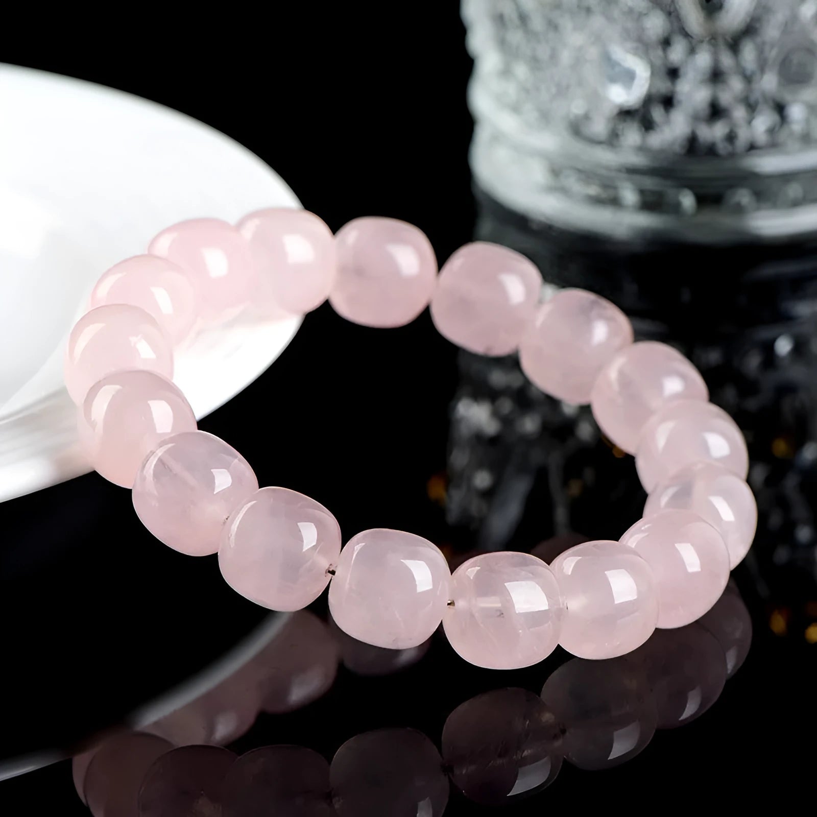 Natural bamboo crystal barrel bead bracelet with 11-12mm pink geometric stone beads and original design