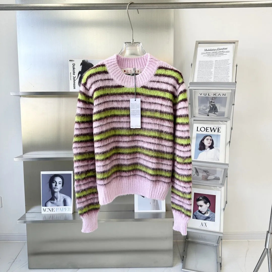 Pink women's wool cardigan sweater with contrast detail, shown in round neck and open cardigan styles