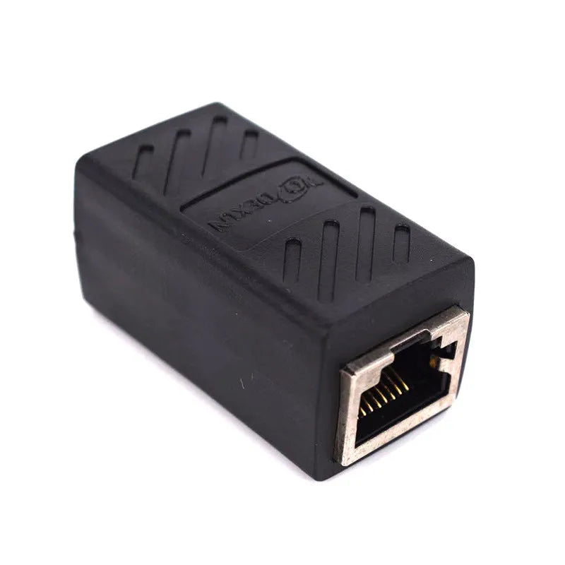 Black RJ45 butt joint extender adapter with rotary union for Ethernet cable connections