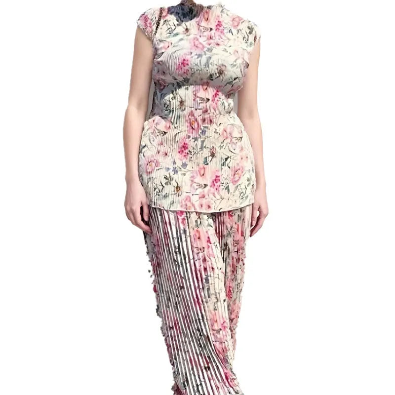 Women's long sleeve printed chiffon two-piece dress with floral pattern and high-waist skirt.