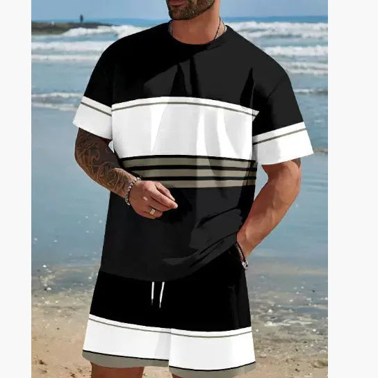 Man wearing a loose-fit short-sleeved T-shirt and matching shorts from the Cool Feeling summer leisure set.