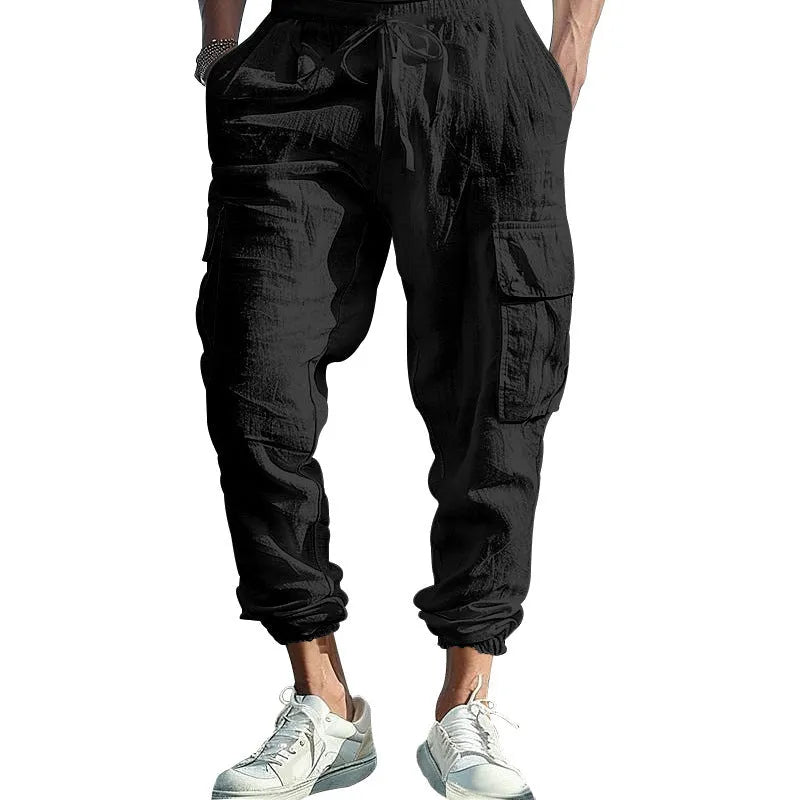 Men's ankle-tied linen casual trousers in Army Green with drawstring waist and multiple pockets