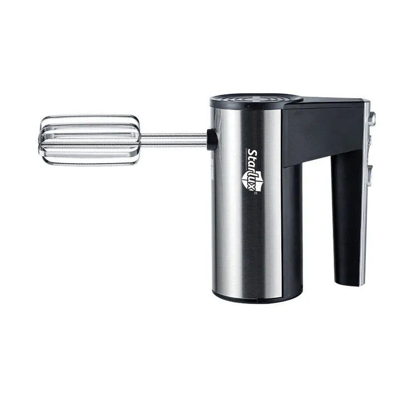 Handheld electric whisk mixer with speed control buttons and dual voltage compatibility