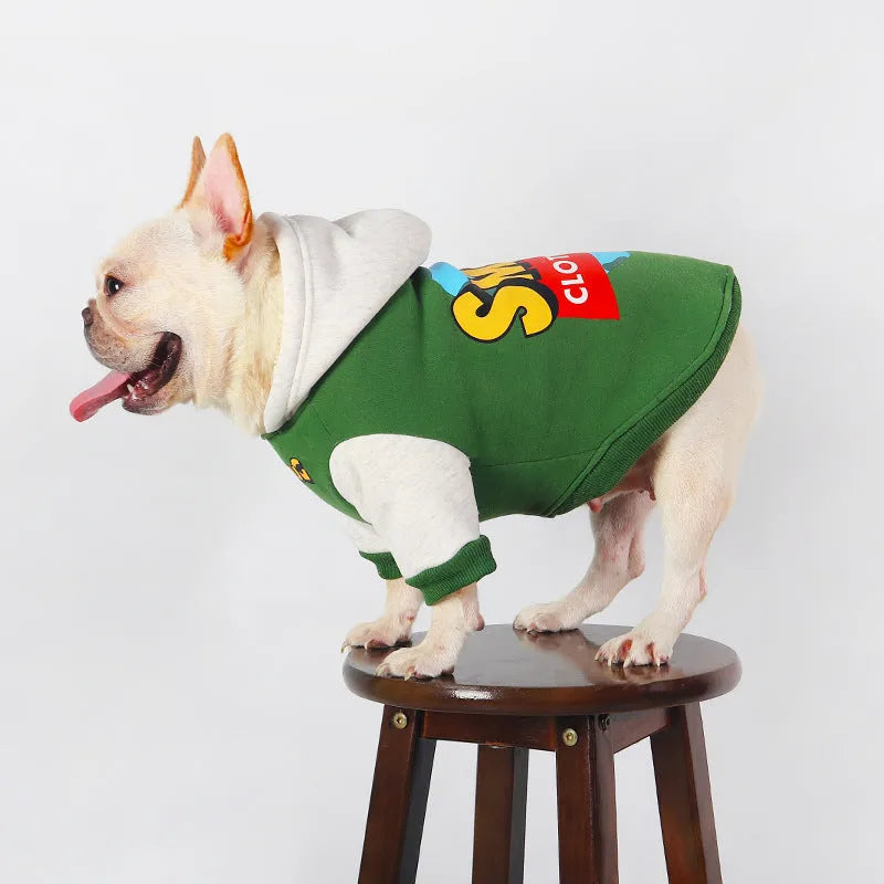 Green cotton dog clothing shown on large breed dog for autumn and winter wear