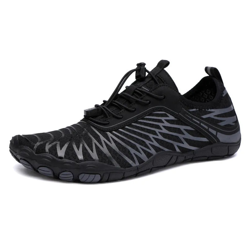 Men's white Upstream lace-up casual trainers with a rubber sole on a plain background.