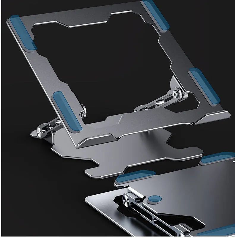Grey aluminium alloy laptop stand with adjustable angle, shown folded and open.