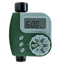 Green digital programmable water timer for garden hose with copper connector and LCD screen.