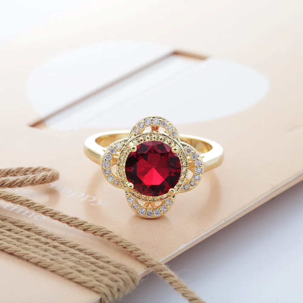 Copper zircon ring with fruit-shaped design and electroplated finish in colour 10-6-1395