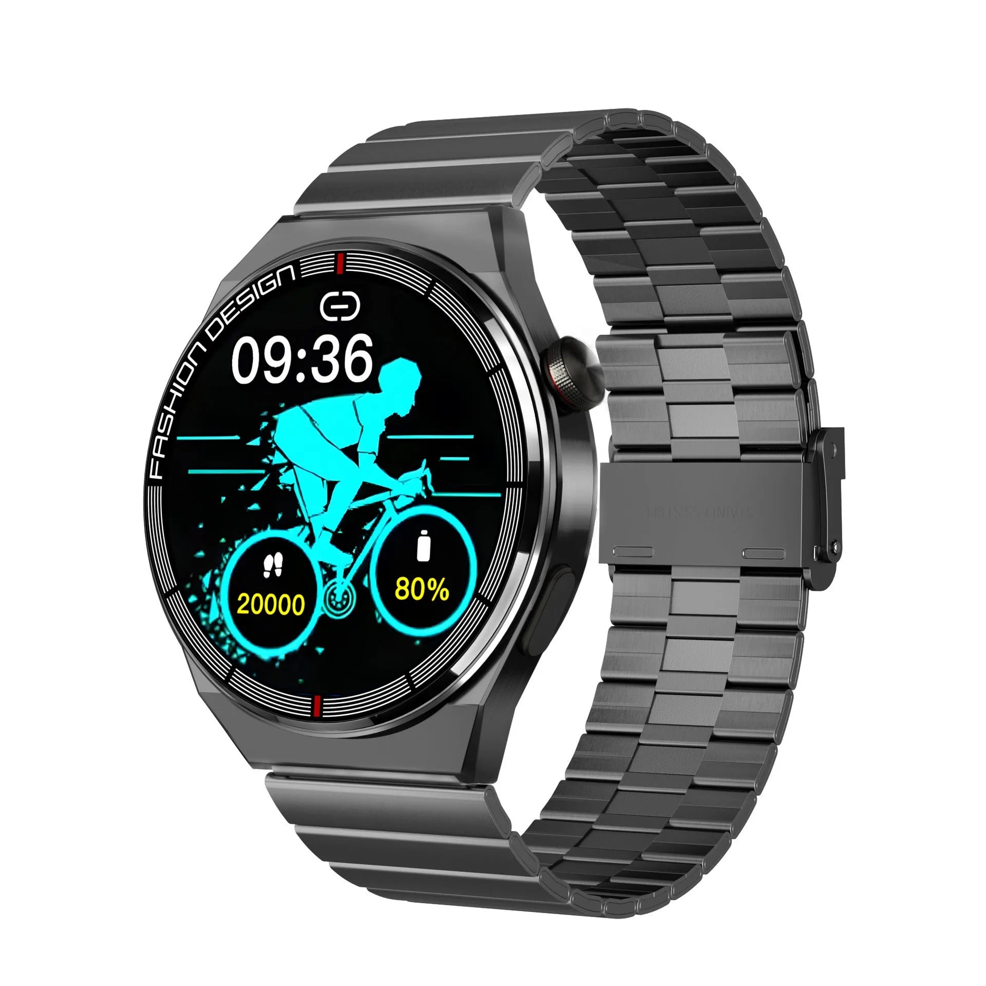 Black smartwatch with a 1.28-inch screen on a silicone strap, showing a heart rate reading on its display.