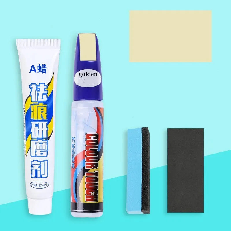 Automotive paint repair pen kit with touch-up paint, rubbing compound, sponge applicator, and sandpaper for car scratch repair