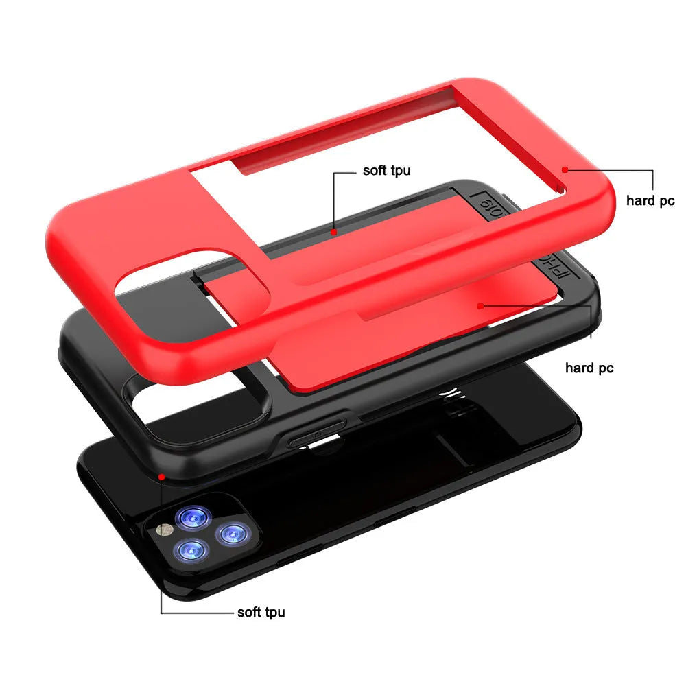 Simple solid colour TPU and PC back cover case for iPhone 11 models in black, red, pink, blue, dark blue, and purple.