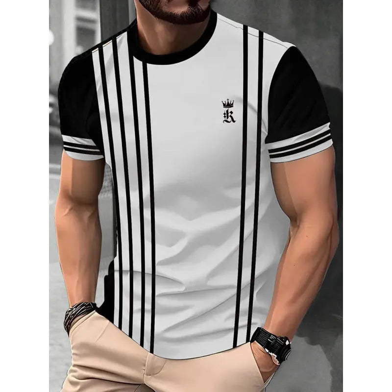 Men's loose-fit short-sleeved t-shirt with digital 3D printed stripe pattern in various colour styles