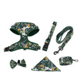 Six-piece adjustable pet vest harness set with haulage rope, collar, waste bag, bow tie, and triangle scarf.