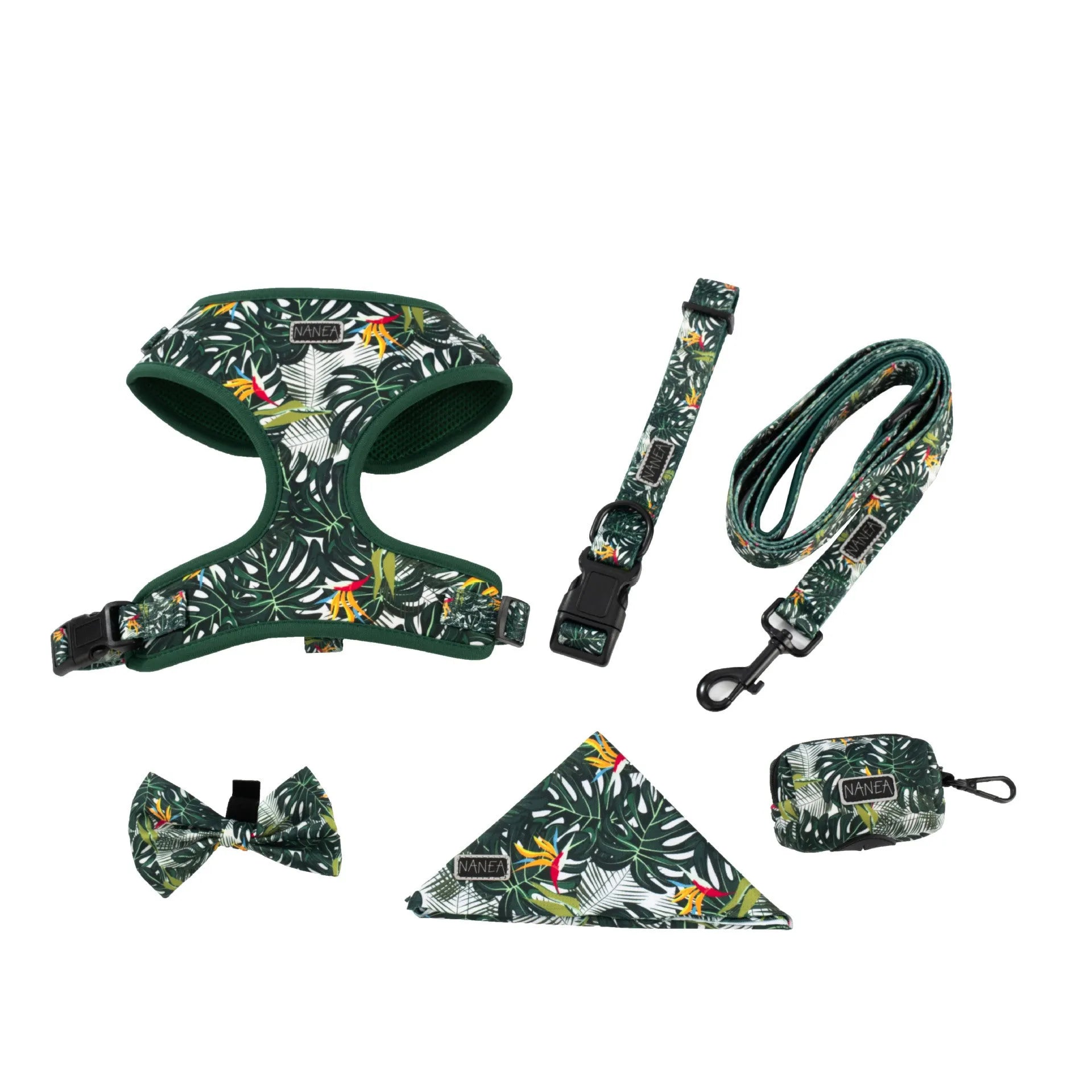 Six-piece adjustable pet vest harness set with haulage rope, collar, waste bag, bow tie, and triangle scarf.
