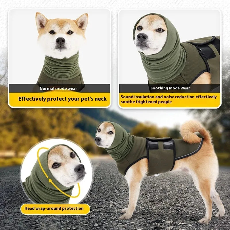 Army green polyester dog calming jacket vest for anxiety on a medium-sized dog.