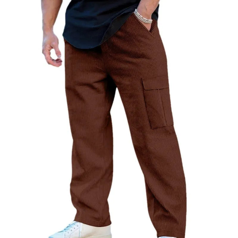Men's loose-fitting corduroy cargo trousers in a straight wide-leg style with a drawstring waist.