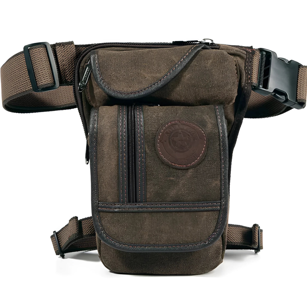 Men's wear-resistant canvas belt bag in black with leather accents and high-precision hardware, 28x14.5x5cm.