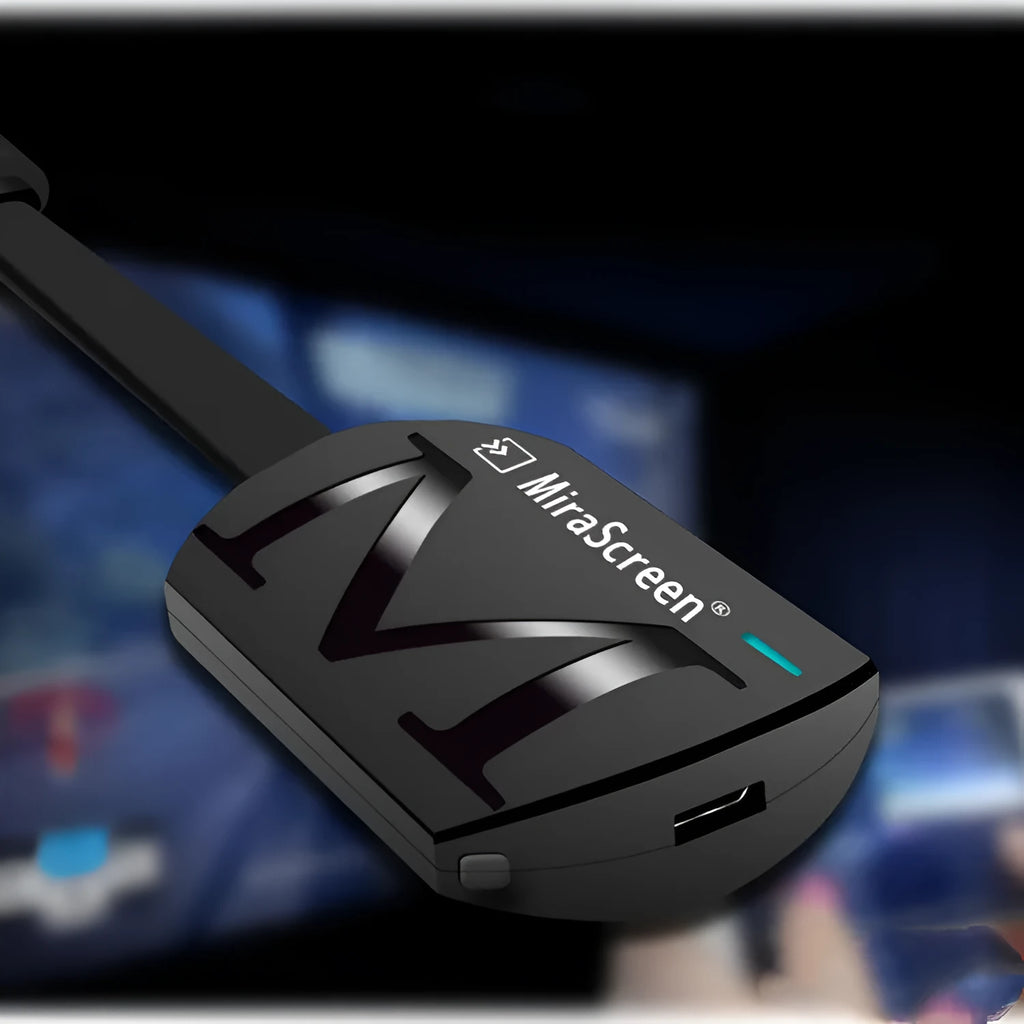 Black HDMI dongle for wireless smartphone to TV screen mirroring with 1080p output
