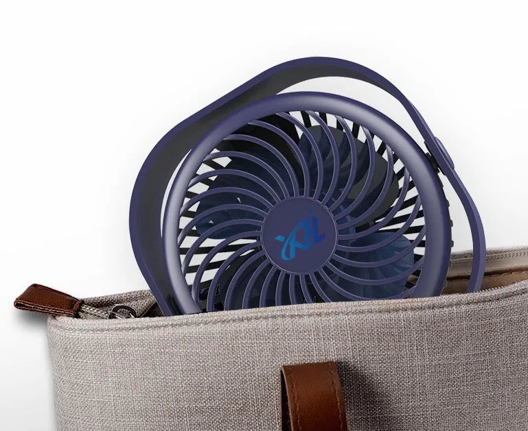 USB-powered alarm clock style desk fan with rotating head in blue, pink, white, or green.
