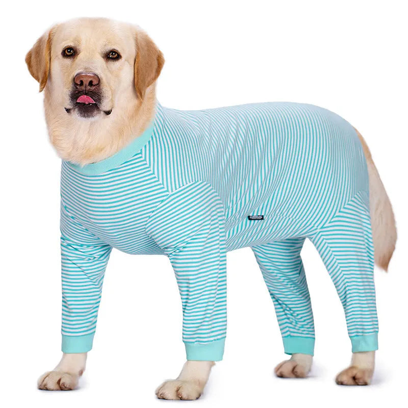 Striped four-legged dog shirt on Golden Retriever, available in sky blue, black dark blue stripe and brown colours