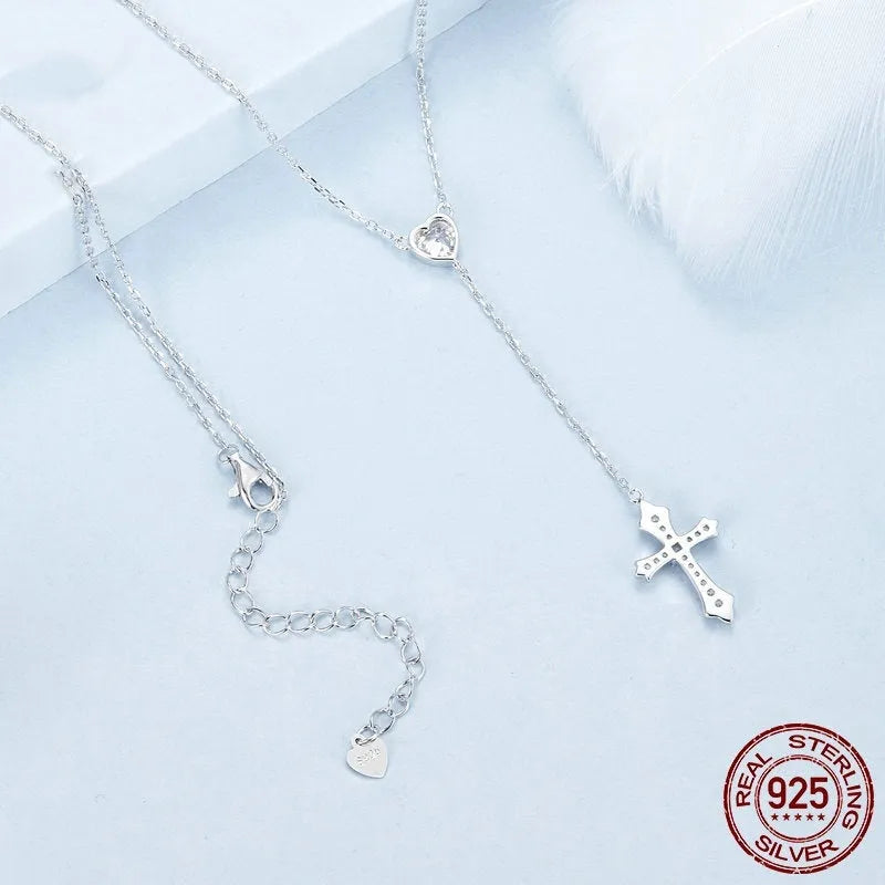 Women's 925 silver V-neck love cross necklace with O-ring chain in BSN384 colour