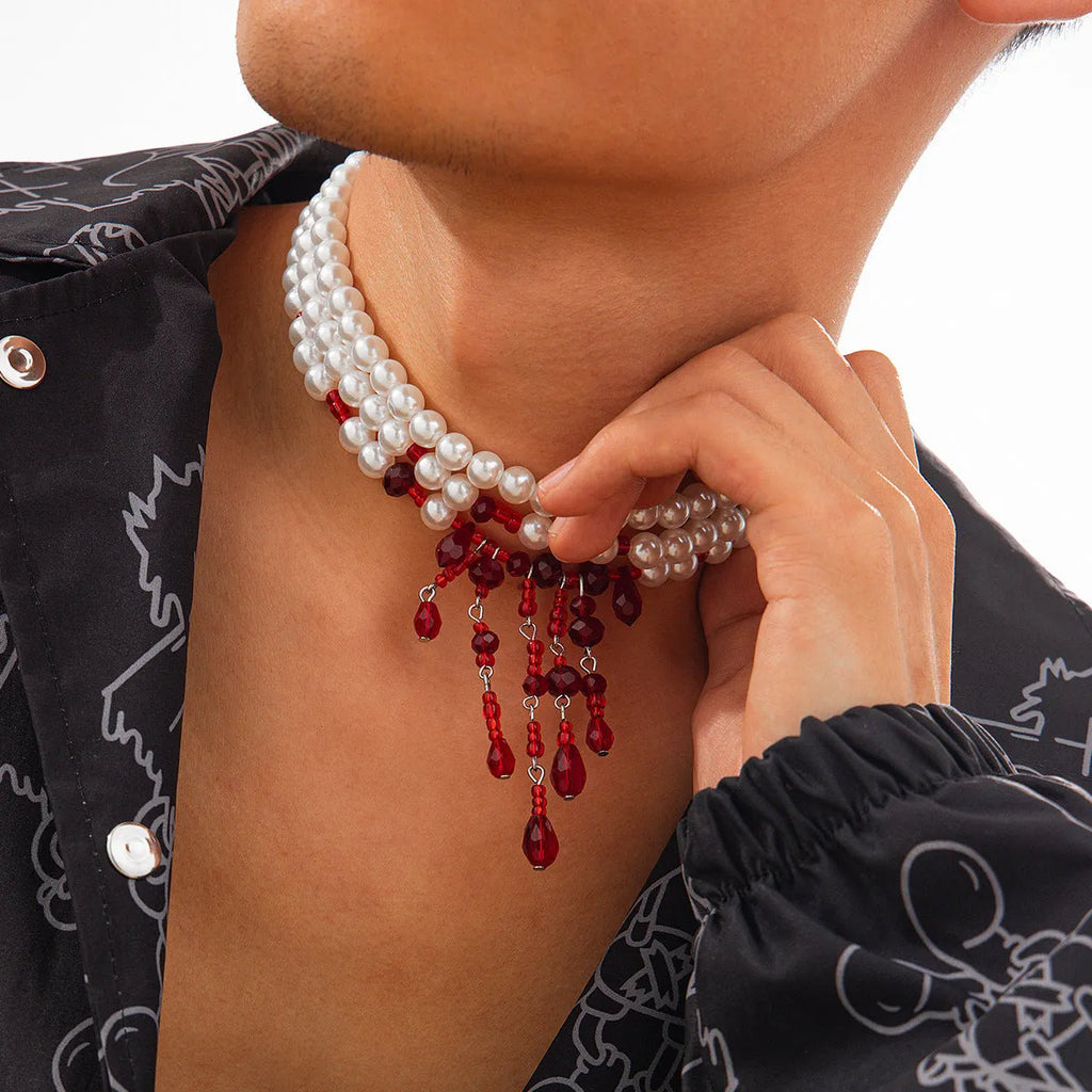 Men's Halloween blood drop tassel necklace with geometric crystal pendant and pearl elements on regular chain