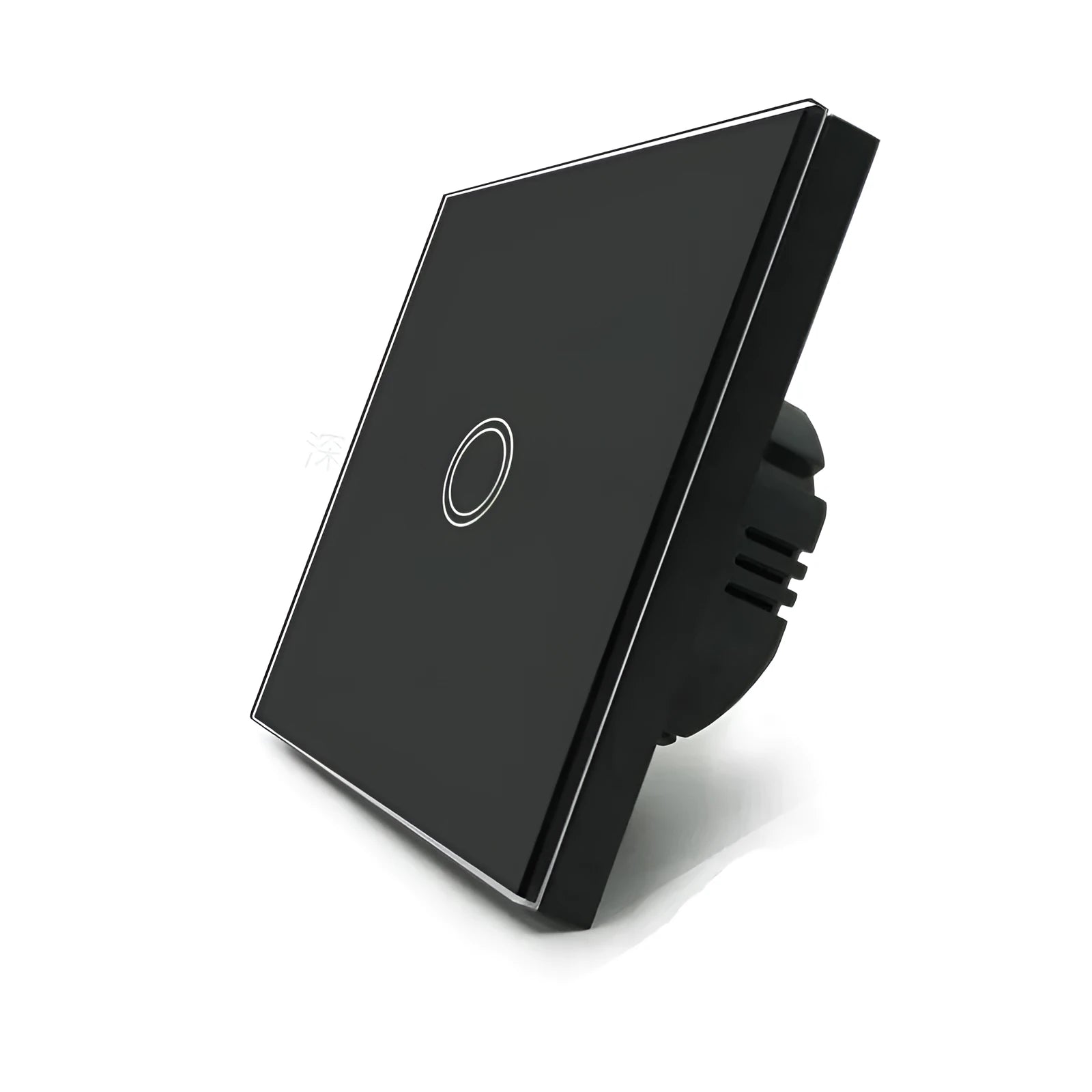 Square tempered glass touch light switch in black, gold, or white finish for wall mounting.