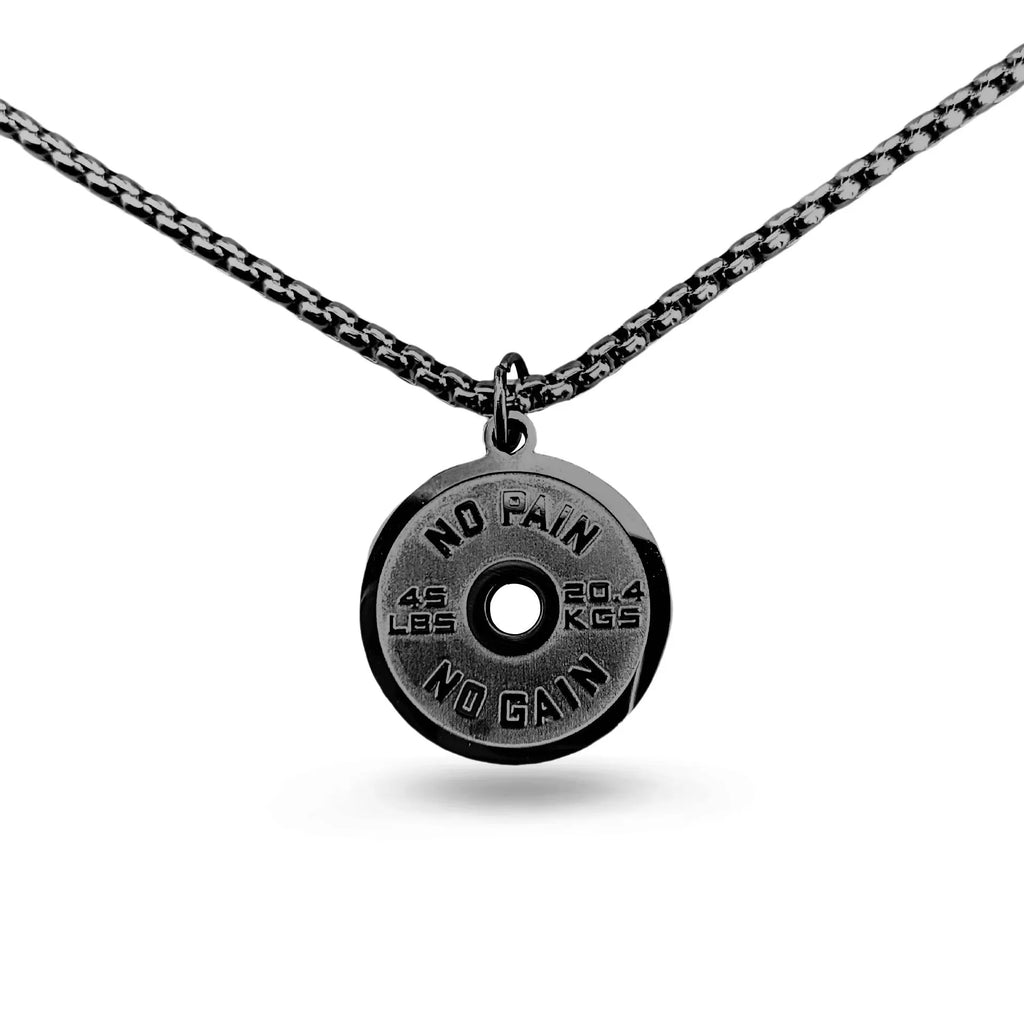 Stainless steel barbell disc geometric pendant necklace on a choice of pearl, gold, or black 60cm chain.