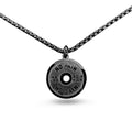 Stainless steel barbell disc geometric pendant necklace on a choice of pearl, gold, or black 60cm chain.