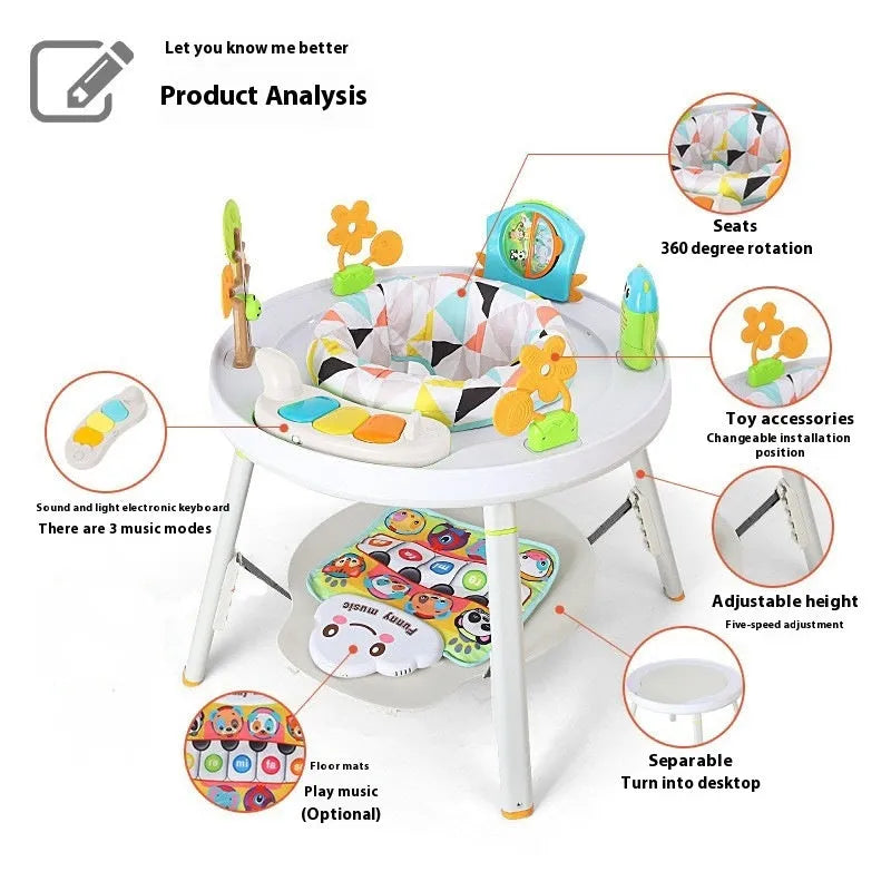 Baby jumping chair with three-in-one gymnastic rack function in plastic construction
