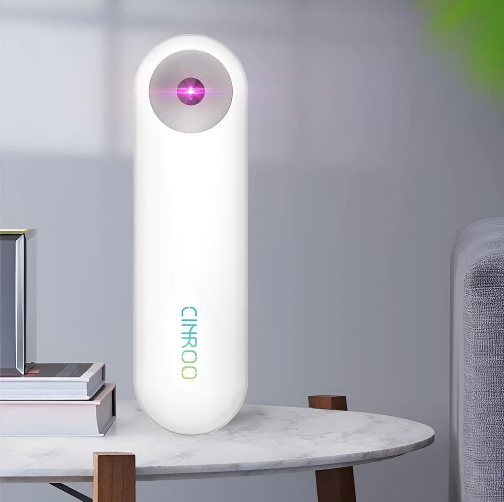 White portable ultraviolet sterilizer lamp showing compact dimensions with disinfection light angle indicator