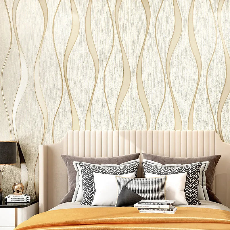 Close-up of dark brown curve stripe 3D velvet texture decorative wallpaper roll
