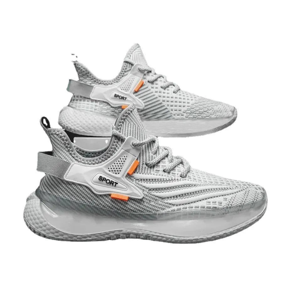 Men's white casual mesh sneakers with a flat platform heel and round toe on a light background.