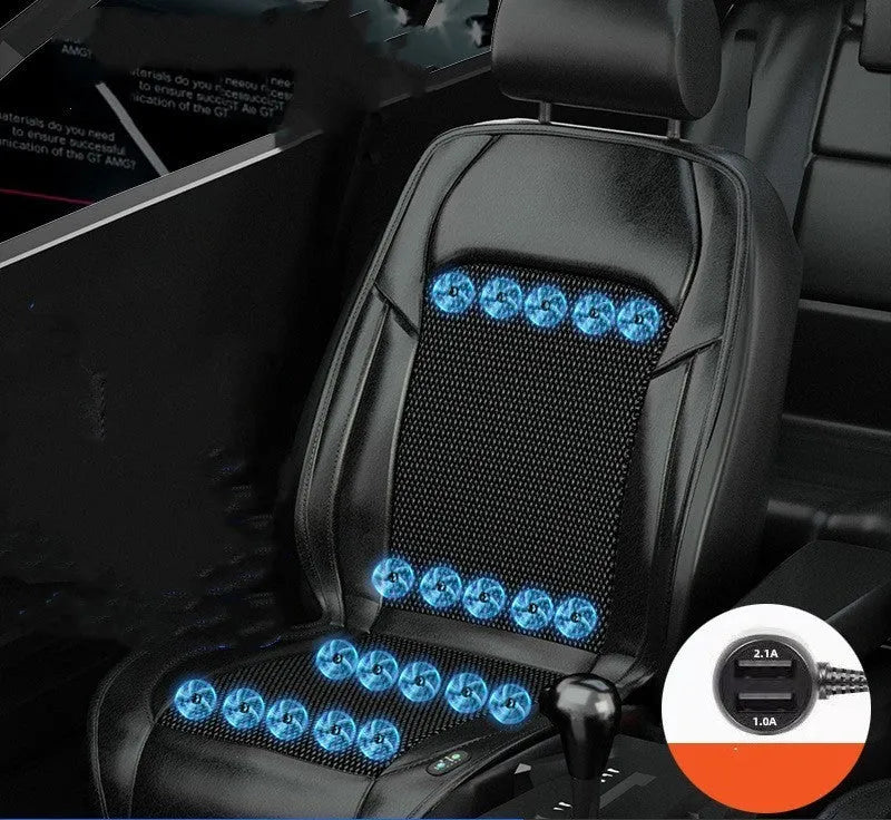 Car seat cooling cushion with ventilation grid and fan unit, shown in black colour