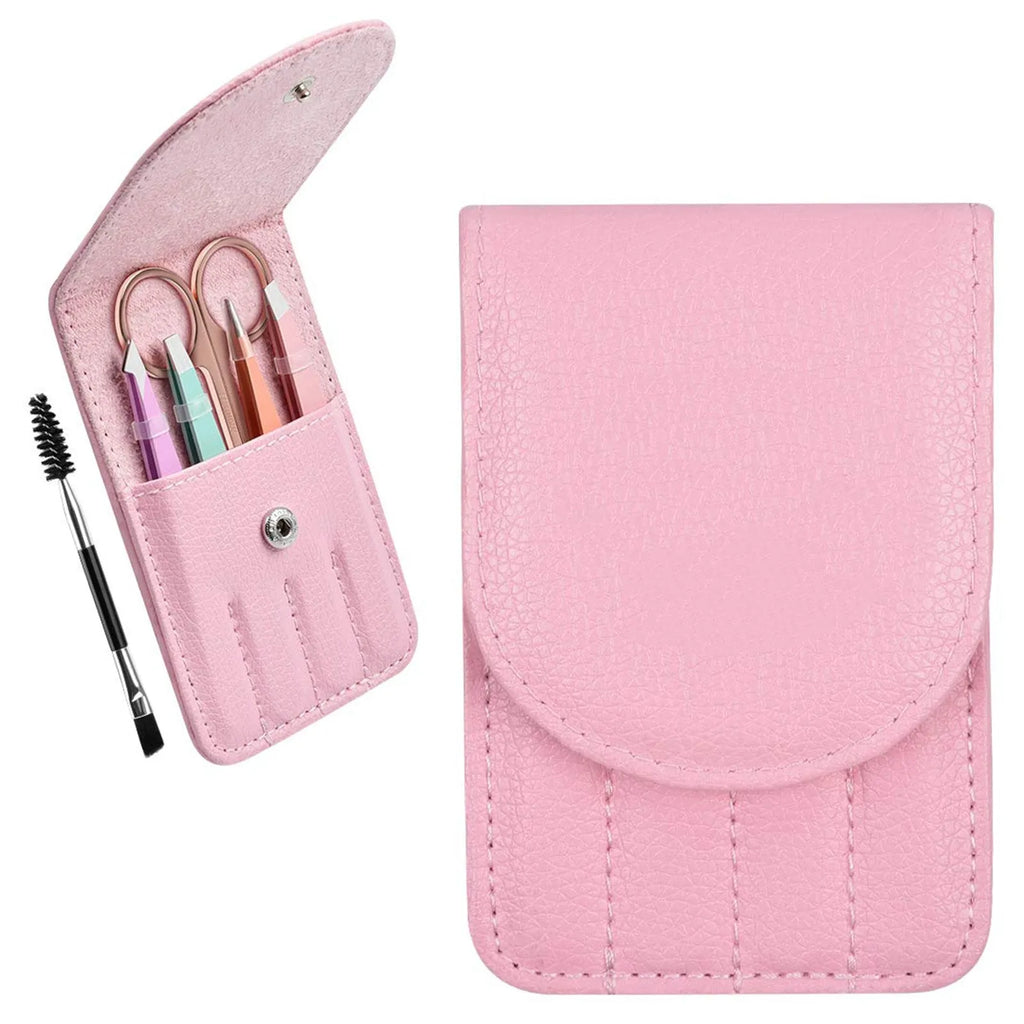 Black leather case containing six piece stainless steel eyebrow tweezers set with curved scissors and brush