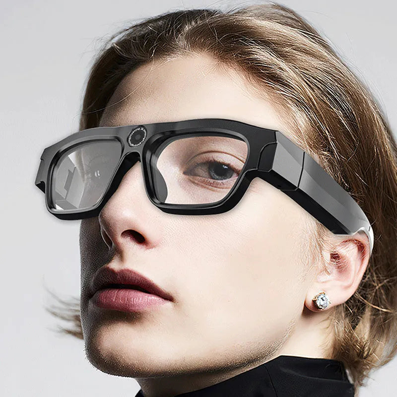 Black smart Bluetooth glasses with transparent lenses for head-mounted video recording