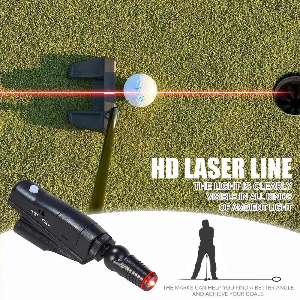 Black golf putter laser aiming sight accessory mounted on putter shaft for alignment practice