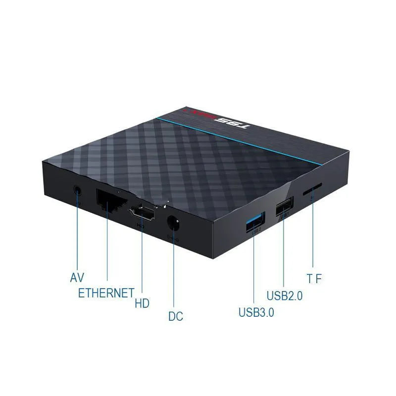 Black T95 Max Plus Android TV box with Amlogic S905X3 chip, showing rear ports and remote.