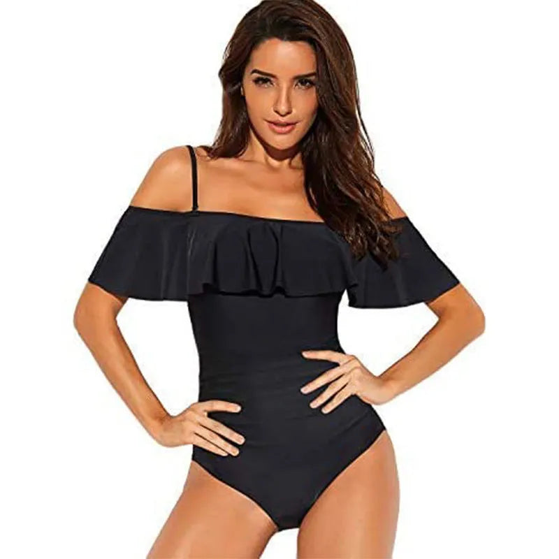 Black women's one-piece swimsuit with front cut-out design and ruffled shoulder straps