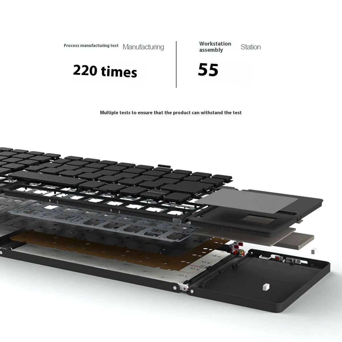 Black tri-fold Bluetooth keyboard shown unfolded with ultra-thin profile beside silver folded version