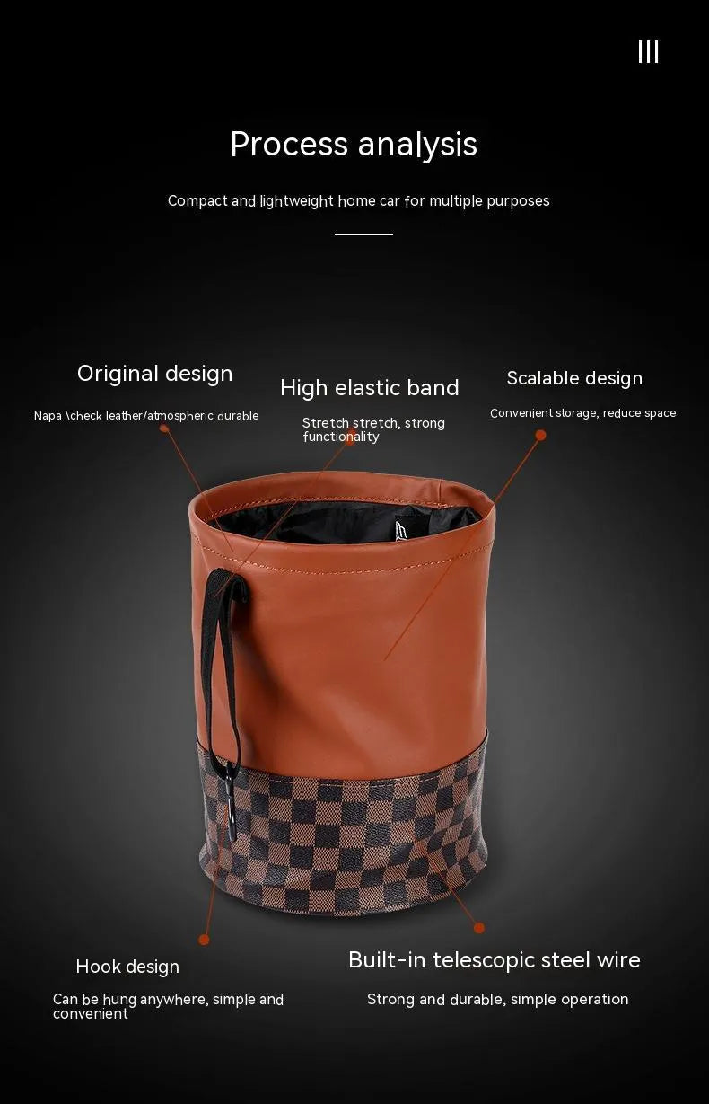 Retractable leather car trash can showing folding design and built-in handle