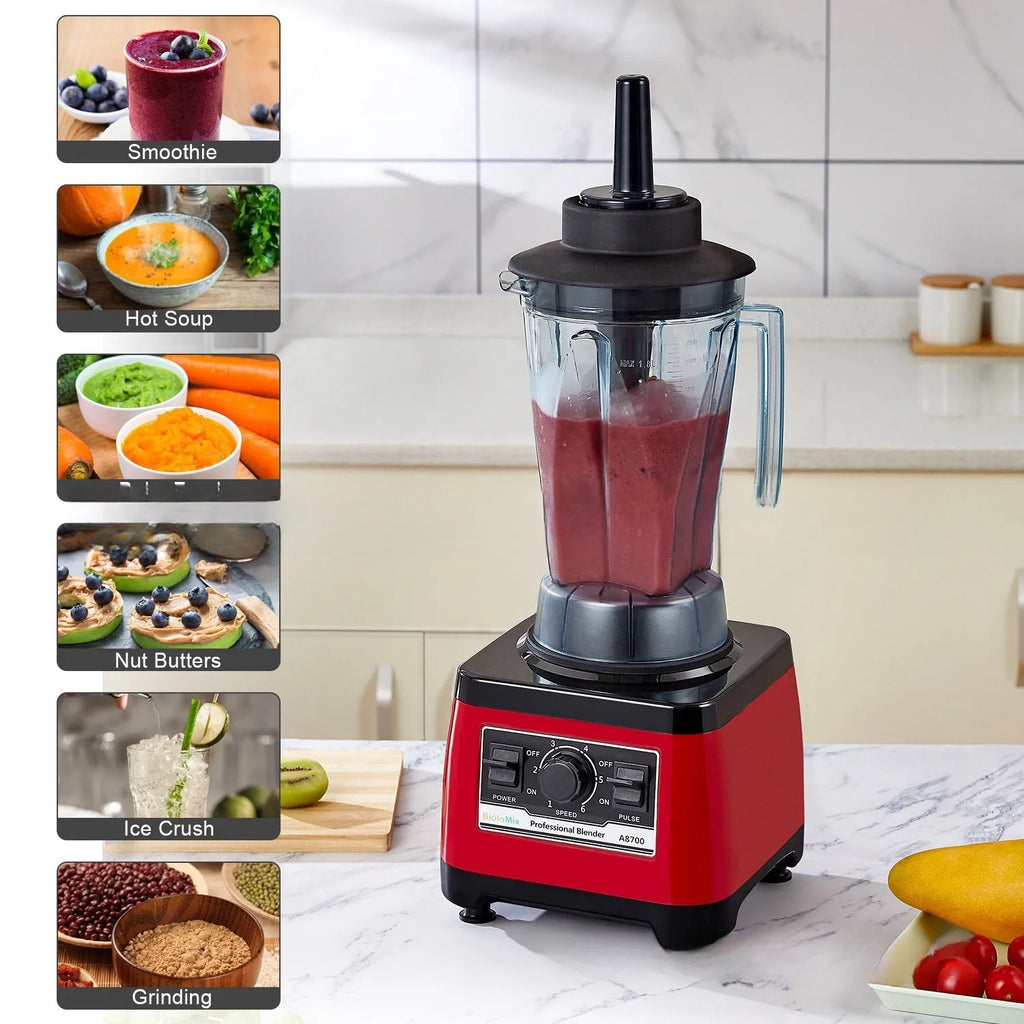 Red commercial blender with 2200W motor and 2-litre jug for industrial kitchen use.
